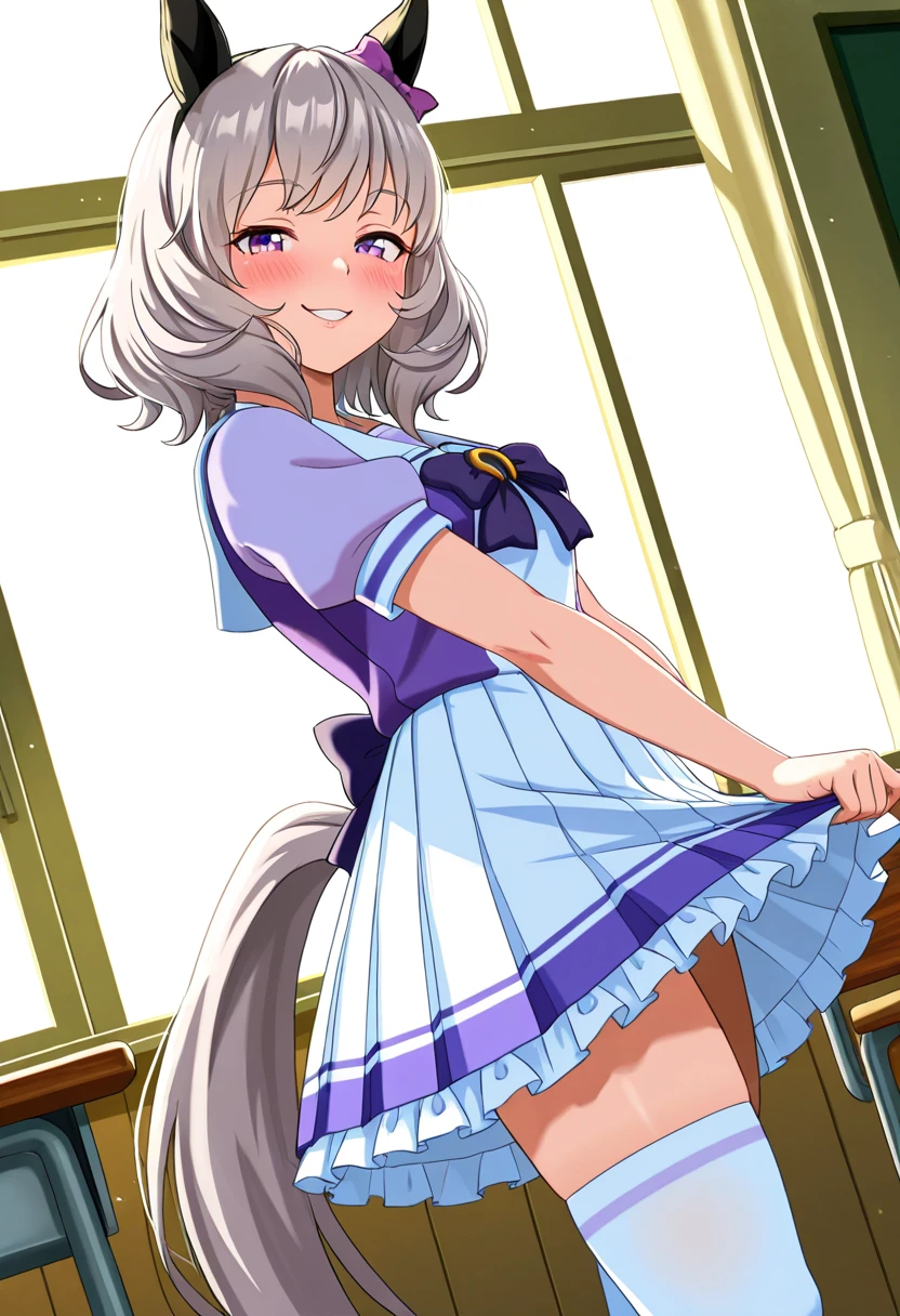 masterpiece, best quality, 1girl, solo, closed mouth, white colored hair, white braided long flowy hair, relieved face, closed eyes, casual, petite body, bedroom, standing straight, farting, yellow gas:1.2), purple eyes, white sweater, short purple pleated skirt, skirt-blowing upward, skirt flying upward, showing white panties, from behind, looking away