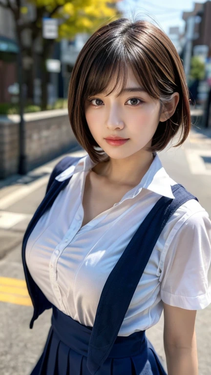 highest quality, masterpiece, Ultra-high resolution, (Reality: 1.4), Original photo, One girl, mature, happy smile, short hair, plump body, , Cinema Lighting, from below,