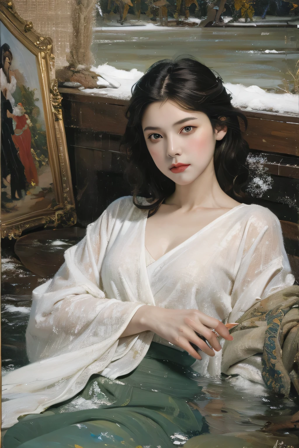 1female，45 yers old，Married Woman，熟妇，plumw，extremely large bosom， 独奏，（Background with：ponds，Cherry blossom forest，lotus flower）standing on your feet， She has short black hair，seen from the front，， mostly cloudy sky，（（（tmasterpiece），（Very detailed CG unity 8K wallpaper），best qualtiy，cinmatic lighting，detailed back ground，beatiful detailed eyes，Bright pupils，Black eyes，Snow-whiteskin，Redlip（Very fine and beautiful），（Beautiful and detailed eye description），ultra - detailed，tmasterpiece，））facing at camera，A high resolution，ultra - detailed），revealing breasts，Bare genitalia，  Bulge，legs are open，Raised sexy，Camel toes，Desire for dissatisfaction，frontage，Navy，elementary student，（Wearing：see-through school uniform，Transparent sailor uniform，Puffy skirt，Bare ，）