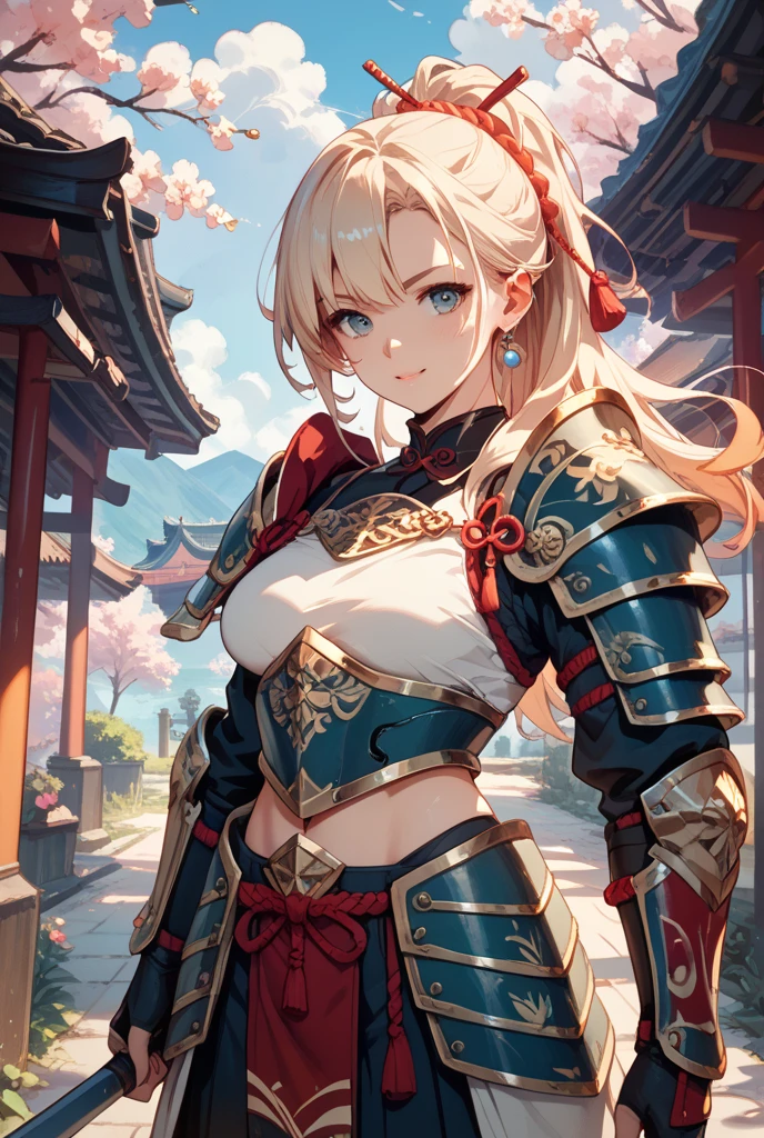 (masterpiece:1.5), (((top quality, best quality,  high quality))),  ((intricately detailed,  ultra-detailed,  insanely detailed)), highres,  32K,  extremely detailed unity CG 8K wallpaper,  (beautiful and aesthetic:1.2),  (((award-winning))), professional illustration, official art, large size image, fine intricate details,
perfectly proportioned, flawless orientation, sharp focus, extreme sharpness, perfect clarity, (close-up),  cinematic angle,  ((soft ambient lighting,  vibrant colors)), dynamic pose,
(upper body|cowboy shot:1.4),
(1girl:1.5), (mature female:1.5), (Japanese court lady:1.4),
beautiful gorgeous face, [:(detailed face:1.2):0.2], bright big eyes, pureerosface_v1, red lips, full lips, (serious:1.4), (closed lips:1.5),
perfect feminine body, bright glistening skin, realistic skin, skin pores, (((straight belly, detailed navel, groin:1.3))), narrow waist, (hair updo:1.3), (flat chest:1.5),
(Japanese armor:1.5), (Japanese armored breastplate:1.3), (Japanese armored crotch plate:1.3), (short sleeves, multi-strapped gauntlets), (sacred house crest), (((crotch seam, sagging front seam))), (identical:1.3) earrings, hairclip,
(patrolling the courtyard:1.5), (Edo period:1.5), (a traditional Japanese architecture, with two huge cherry blossoms tree:1.4), <lora:GoodHands-vanilla:1>,