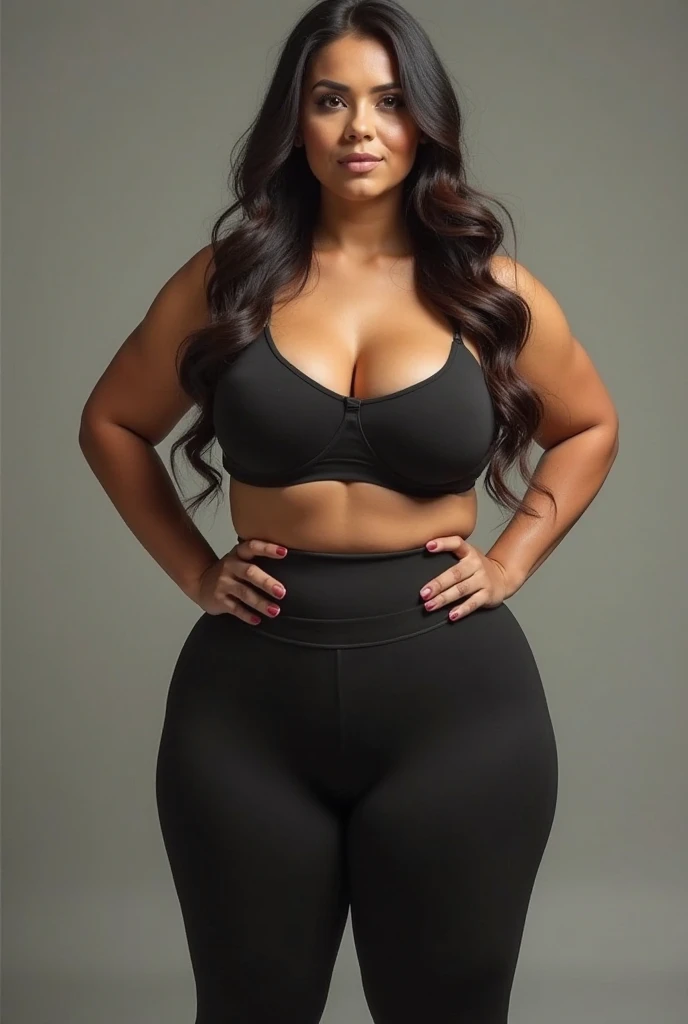 Woman with a black sports bra top and leggings taking a selfie, beautiful thick female, thick body, Thick, suitable photo, she has a round and fat belly, skinny waist and thick hips, thick, thick thighs, wearing fitness equipment, wearing tight black clothes, photo by full body, Curvaceous Physical Fit, tight costume, Broad Hips, chubbier, hardnipples, Largest boobs, horny, much bigger breasts