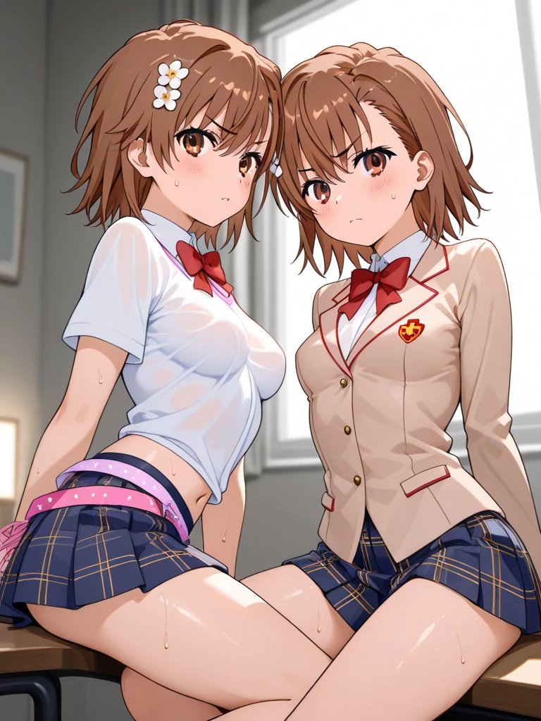 long hair, looking at viewer, blush, smile, open mouth, bangs, multiple girls, skirt, brown hair, shirt, long sleeves, 2girls, hair between eyes, brown eyes, , braid, :d, sidelocks, pleated skirt, shoes, serafuku, socks, indoors, black skirt, sailor collar, neckerchief, kneehighs, window, brown footwear, curtains, black socks, loafers, carrying, red neckerchief, black sailor collar, folded ponytail, wooden floor, princess carry, inazuma \(kancolle\)