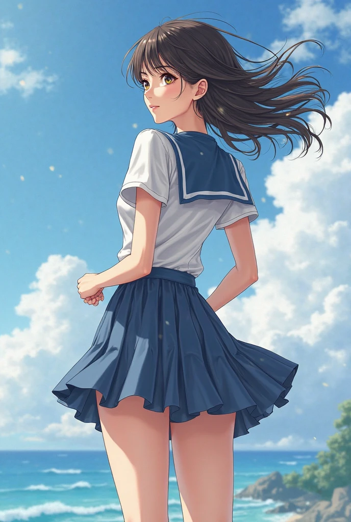 NSFW、Medium breast、boyish、(Navy blue micro mini skirt、Navy Pleated Skirt、White mesh panties、Sailor suit summer uniform、Short sleeve、Yellow tie、White Short Socks)、独奏、Women's High生、Arms folded behind back、Spreading her legs:1.5、(Black Hair、Very Short Hair、boyishカット)、Crouch、Women's High、classroom