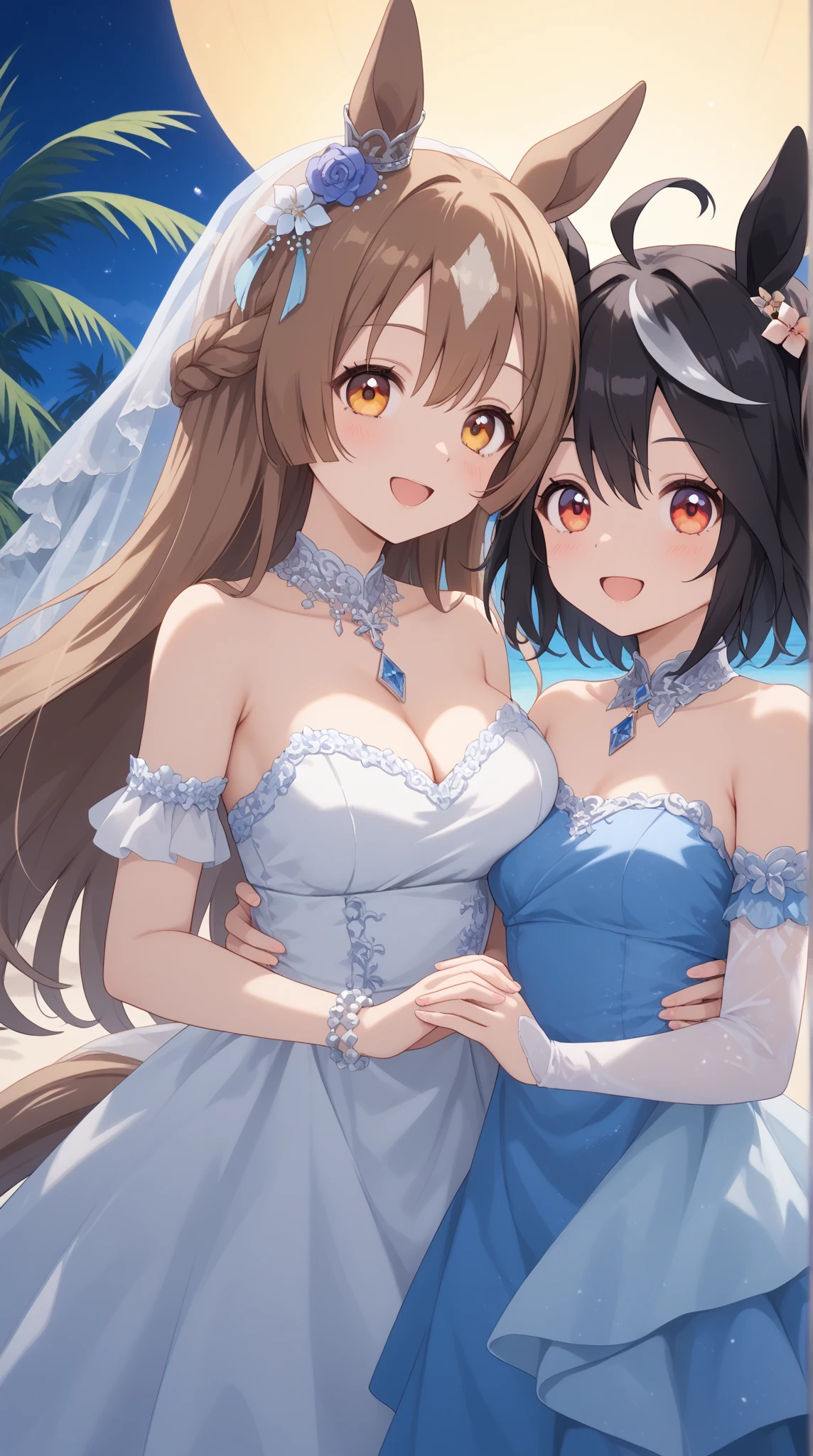 best quality, extremely detailed, ((((anime style 2girl)))),((yuri)),1st girl long hair down to the waist, straight hair, dark black hair with bluish,beautiful detailed eyes, pinched eyes, dark blue eyes,2nd girl wavy long hair,((((blunt bangs)))),(hair between eyes),bright blond hair,beautiful detailed eyes,Orange eyes,Sharp eyes with many eyelashes,huge breasts,cutie white base colorful frill
Bikini,hair ornament,rabbit like hairband,beach side Luxurious room,smile,active pose
