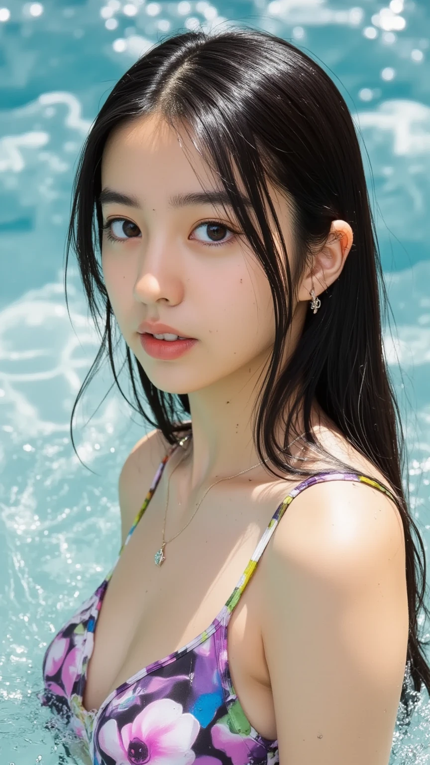 (Masterpiece, BestQuality:1.3), (ultra detailed:1.2), (hyperrealistic:1.3), (RAW photo:1.2),High detail RAW color photo, professional photograph, (Photorealistic:1.4), (realistic:1.4), ,professional lighting, (japanese), beautiful face, (realistic face), cute woman, (Big Breasts:1.5), (Smile:1.7), Trending Hair&Trending Hairカラーをランダムに, earrings, necklace, bracelet, sexly, erotic sexly, Random sexy gravure poses, Walking, (((A woman in a green bikini、She is sunbathing by the pool and posing sexy with a happy smile.。Her brown wavy hair sways gorgeously.。:1.2), Beautiful location, (Detailed Background):1.2))