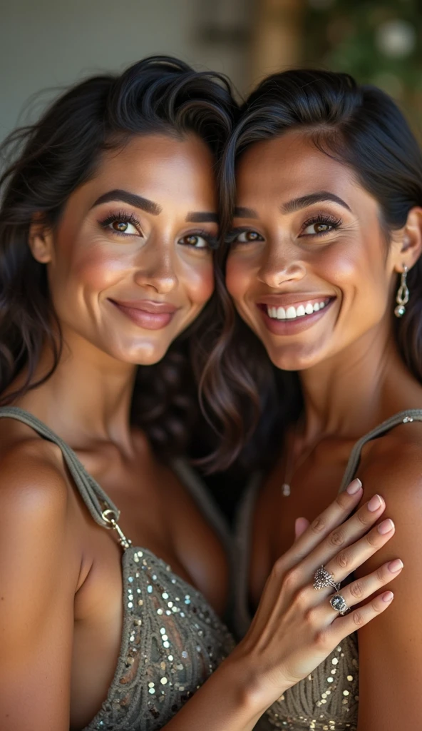 latina woman , long and detailed hair,pretty clothing, perfectbody, she is sitting on the couch with another latina woman, and they are smiling at each other, ultrarrealisitic, extremely detaild, photoshot_\( ultra\), photoshotrealisitic, realisitic, Post-processing, Maximum details, roughness, real-life, ultrarealisitic, photoshotrealism, photoshotgraphy, 8k hd, photoshotgraphy