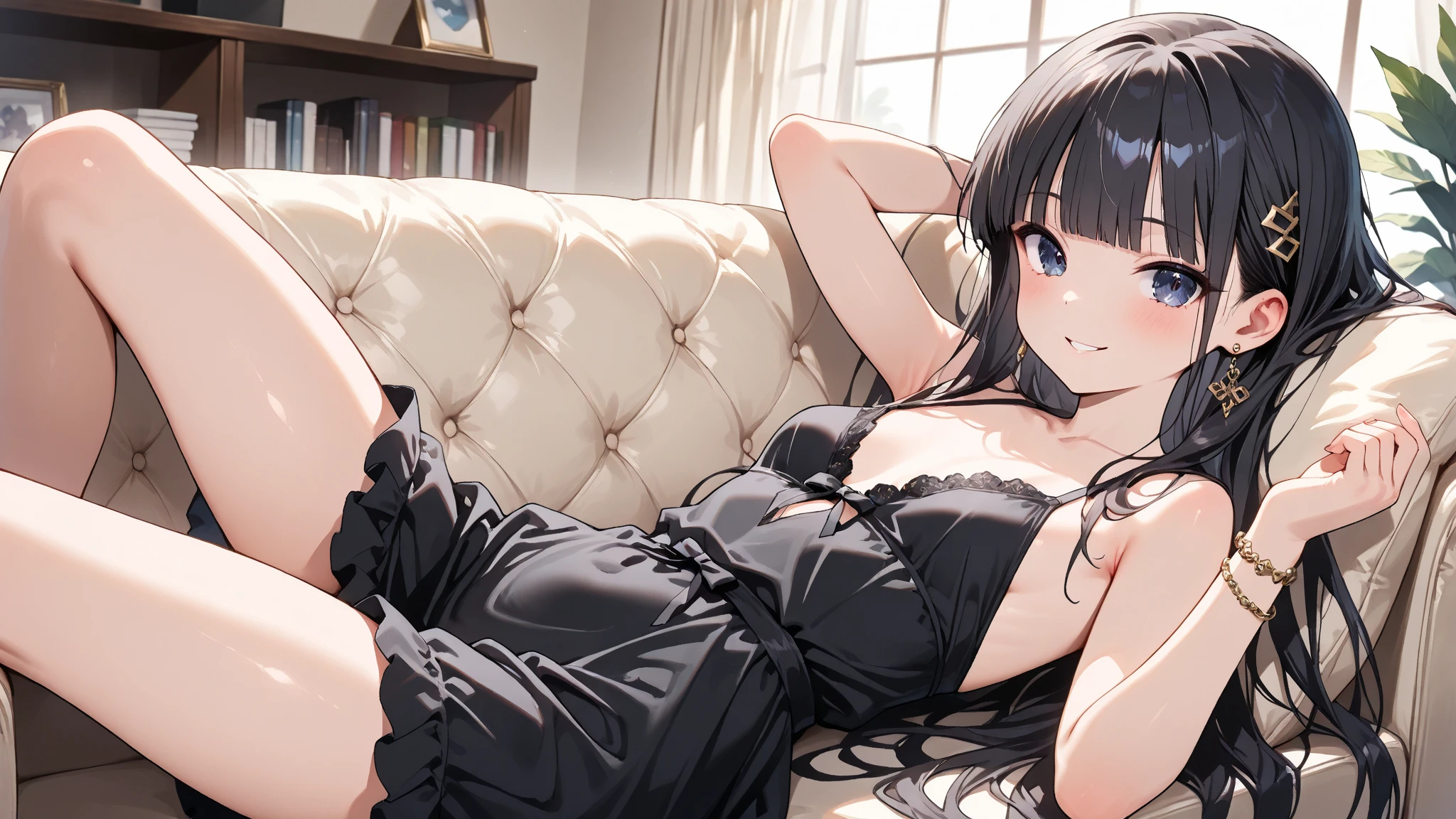 (animesque)(a beauty girl)(Department of Landmines)(Twin-tailed)(Black underwear)(Underwear)(Lying on the bed)(laying on back)(opening legs)(M字opening legs)(a smile)(teak)(Arms outstretched)(buttock)(nsfw)