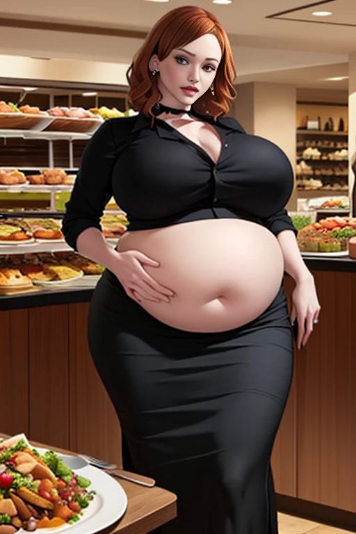 Scarlett Johansson, masterpiece quality, (masterpiece quality:1.3), detailed, realistic, (realistic:1.3), 1girl, solo, (solo:1.9), alone, in a cake shop, lots of cake in background, cake on shelves in background, long raid, red hair, wearing choker collar, wearing fancy black dress, (black dress:1.5), wearing long skirt, (long skirt:1.5), chubby body, chubby belly, (chubby belly:1.5), big breasts, (big breasts:1.5), covered breasts, (covered breasts:1.5),