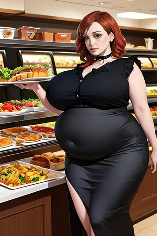 Scarlett Johansson, masterpiece quality, (masterpiece quality:1.3), detailed, realistic, (realistic:1.3), 1girl, solo, (solo:1.9), alone, in a cake shop, lots of cake in background, cake on shelves in background, long hair, red hair, wearing choker collar, wearing fancy black dress, (black dress:1.5), long skirt, (long skirt:1.5), 1.5), fat body, fat belly, (fat belly:1.2), huge breasts, (huge breasts:1.2), covered breasts, (covered breasts:1.5), 