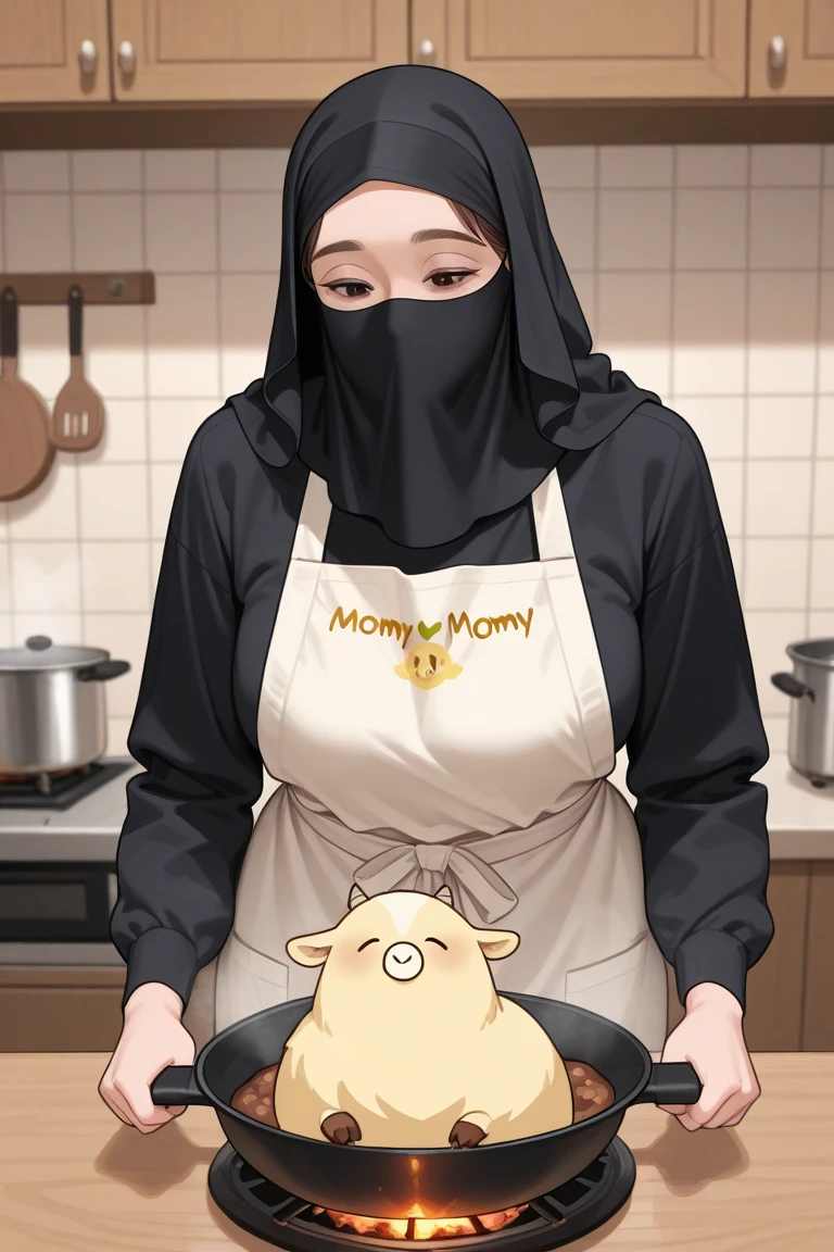 A burqa-clad woman feeding her eight-year-old child rice, house background