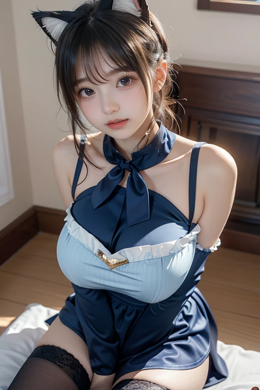 (masterpiece:1.3, Highest quality, Ultra-high resolution, Super detailed), (Realistic, photoRealistic:1.4), Perfect lighting, colorful, Depth of written boundary, Browsing Caution, Surrealism,((Beautiful detailed hair, Beautifully detailed face, Beautiful fine details, Beautiful clavicle, Beautiful body, thin脚,Beautiful breasts, Beautiful feet, Beautiful Hands, Cleavage, thin, 1 girl, Perfect Face, Perfect Anatomy, Supermodel with a long neck,((Skinny1.3)),looking at the camera,(Perfect Anatomy, Highly detailed skin), Shiny skin,((beautiful girl:1.1)),(( large breasts:1.4)),(Mid-length hair:1.4, Wavy Hair:1.2, Black Hair) ,hair over one eye,((Dainty facial structure)),((smile:1.3 )),((wearing Sailor Lolita:1.3)),((legs apart)), sitting,((at night:1.1)),((Bedroom at night in the background)),The windows are big、Outside there is a beautiful night view,You can see the starry sky in the distance,((from above:1.1)),wide shot
