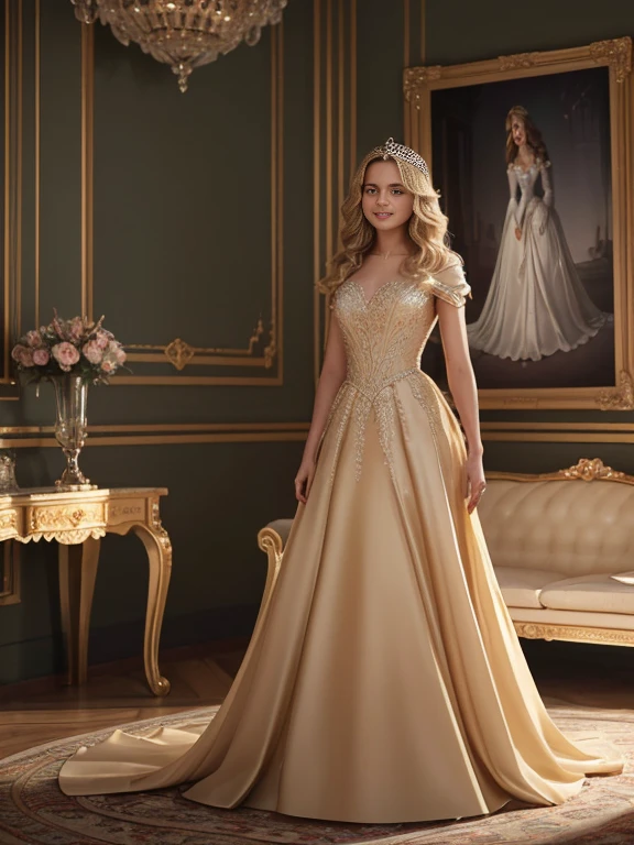 a beautiful princess, long golden dress, long golden hair, golden shoes, highly detailed, 8k, photorealistic, intricate details, elegant, radiant, glowing, warm lighting, natural lighting, studio lighting, lush environment, detailed background, fantasy landscape, cinematic composition, dramatic lighting, rich color palette, vibrant colors, hyper-detailed, masterpiece, photo-real