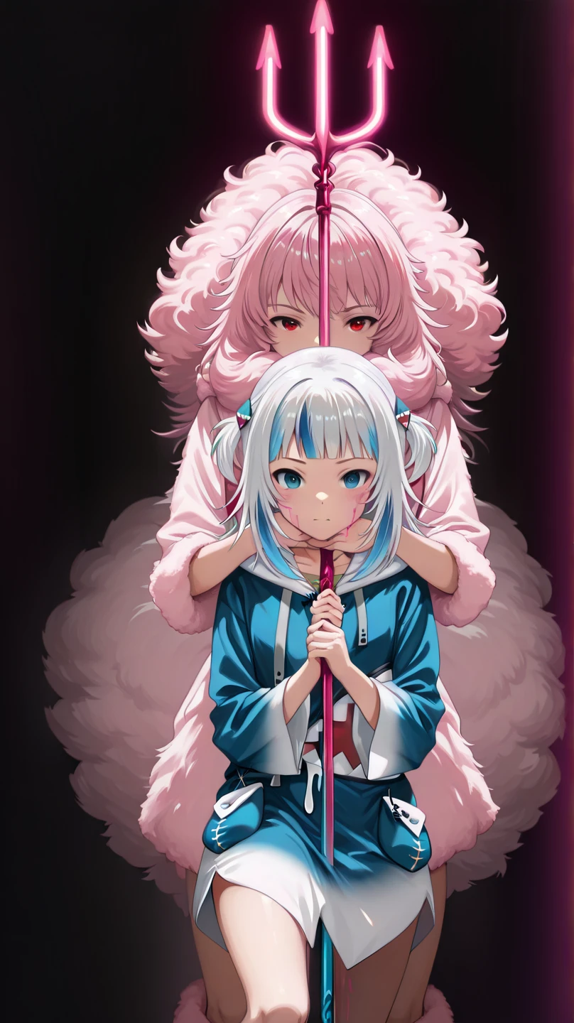 cinematic, (masterpiece), (best quality), (ultra-detailed), very aesthetic, very dynamic pose, illustration, realistic illustration, perfect composition, intricate details, absurdres, natural color, detailed face, show knee to head, (anime, masterpiece, intricate:1.3), (best quality, hires textures, high detail:1.2), (4k),(incredibly detailed:1.4),detailed eyes, realistic shadow,  ink painting style,in a dynamic motion,(the Thema is double identity:1.3),((Gawr gura:1.5)),2 gawr gura in back to back position, left is normal gura, right is red gura, (fluffy hair:1.4),fluffy, in her blue uniform , both make opposite face, (There are pink blood stains on the face:1.2)  ,red eyes,both holding one blue trident, (neon light from trident:1.6), watercolor style,motion effect motion blur, ((splash pink ink:1.5) in black background:1.2), lighting only from below