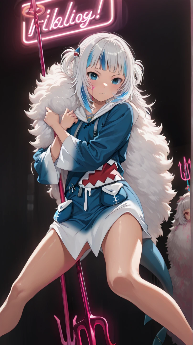 cinematic, (masterpiece), (best quality), (ultra-detailed), very aesthetic, very dynamic pose, illustration, realistic illustration, perfect composition, intricate details, absurdres, natural color, detailed face, show knee to head, (anime, masterpiece, intricate:1.3), (best quality, hires textures, high detail:1.2), (4k),(incredibly detailed:1.4),detailed eyes, realistic shadow,  ink painting style,in a dynamic motion,(the Thema is double identity:1.3),((Gawr gura:1.5)),2 gawr gura in back to back position, left is normal gura, right is red gura, (fluffy hair:1.4),fluffy, in her blue uniform , both make opposite face, (There are pink blood stains on the face:1.2)  ,red eyes,both holding one blue trident, (neon light from trident:1.6), watercolor style,motion effect motion blur, ((splash pink ink:1.5) in black background:1.2), lighting only from below