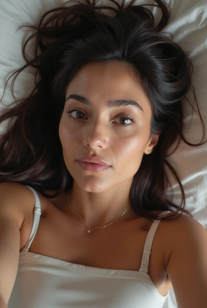 British lady with long black hair lying down in bed