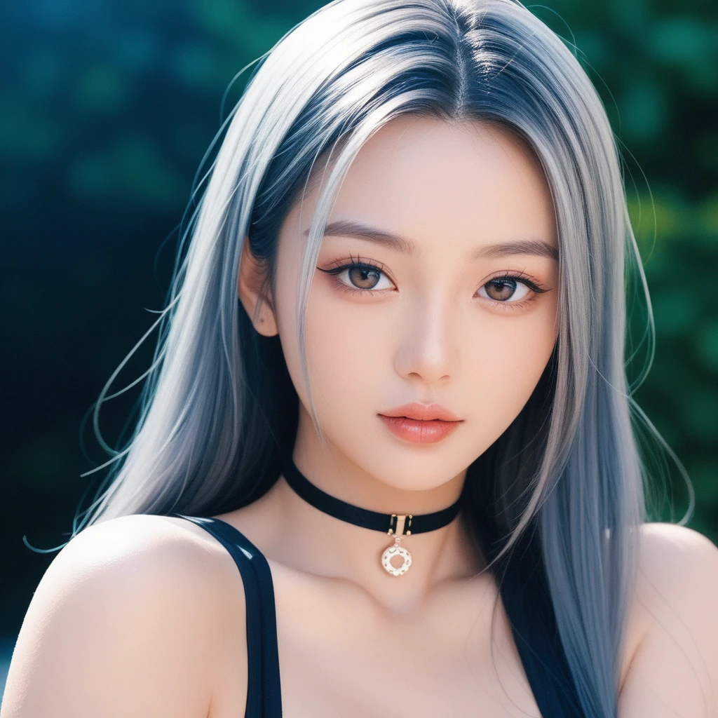 A sexy beautiful student girl,, big breasts, grey hair colours, long hair tied up, sexy pose, upper body, night, under lighting