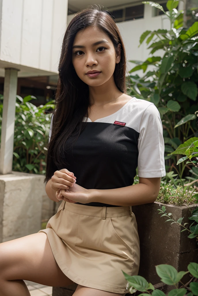 A sweet beautiful young Bogor city girl, 25  years old, sweet georgeus round childish face, white pale skins, big wide forehead, cute  hawk type little  nose, big round eyes,  dark big mole under her eyes, very slim little  body, slim legs, very slim buttock, straight neck short slim  hairs, dark brownish small mouth, sensual thin uper lip, sensual heavy lower lip, small size teenage breasts, descent mixed from sundanese and javanese,  shy and quite type girl, her name is Salma, she is ex local university student, nate thin straight medium black hairs with a bangs, standing cheerful  spread legs at her home yard, wearing very thin long sleeve  muslimah shirt and unzipped skirt, sunshine shining to all  her body, cute sweet smiling to us, wearing glasses,