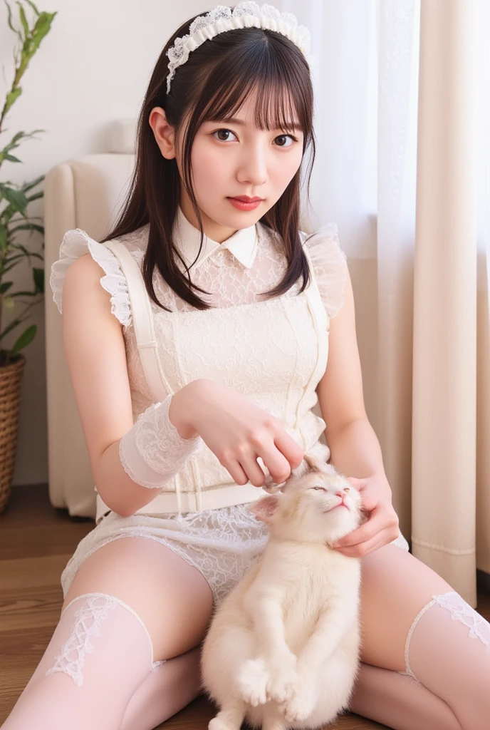 1girls, kawaii, young, skinny,smirk,middle school girl.,Japan girls,age is 18 years old,hazel hair,Japanese maid outfit, (3N1DS1NCL41R:0.9), realistic photo, Extreme Detail, bedroom, {bestquality}, {{masterpiece}}, bangs,sitting playing computer games,Wear cat ear gaming headphones ,Baby Face,Japanese Maid Costume,kawaii