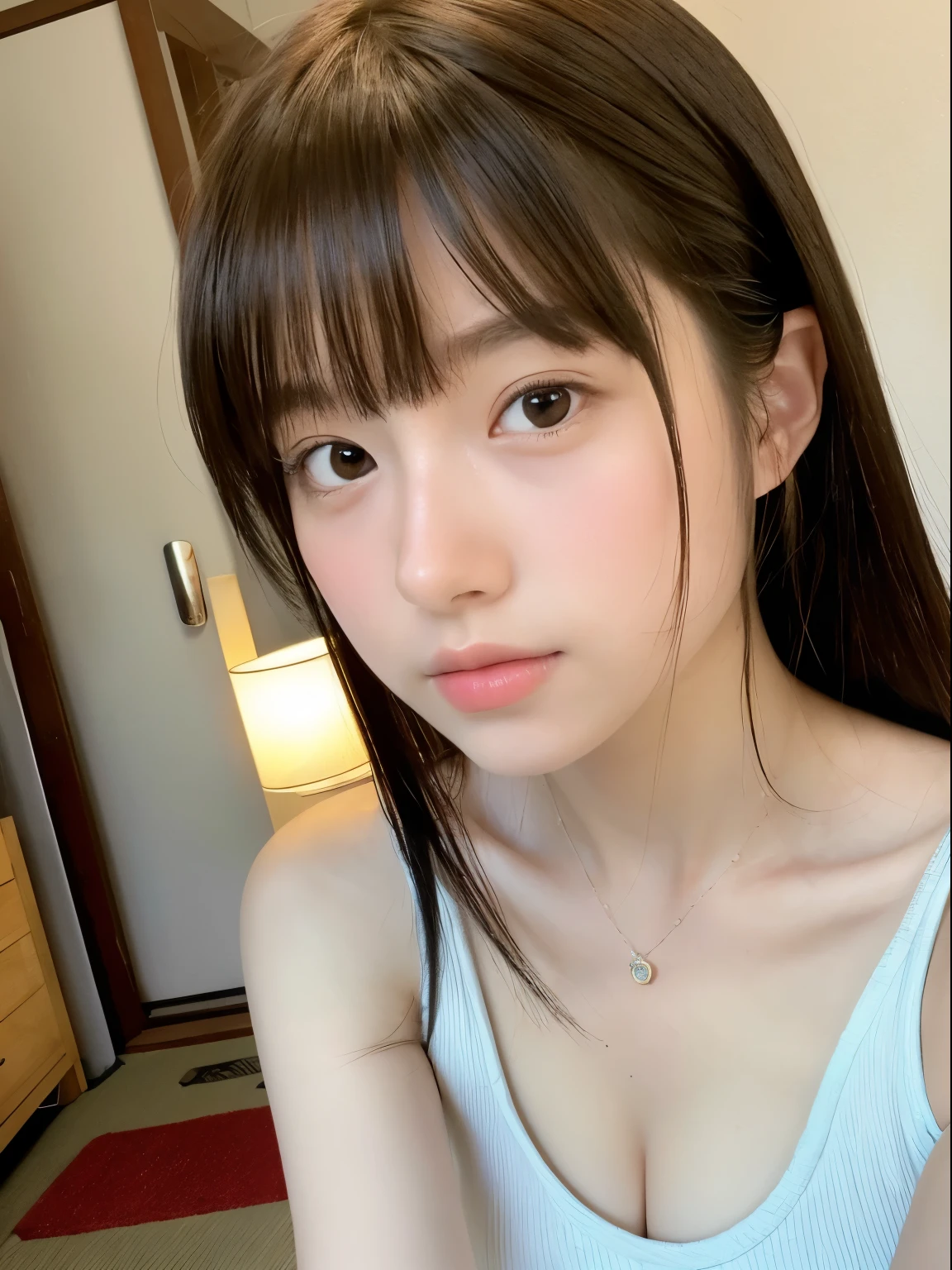 bright表情、photorealistic stick:1.32、highest quality、超A high resolution、Photos of the most beautiful Japan girls、cute and beautiful face details、small face、(Pueros face_V1:0.008)、美しいbangs、14 years old、Brilliant white skin、hair gets tangled in face、顔まで伸びるbangs、bangs、hair between eyes、super long hair、charming brown silky hair、bright、Clear light blue eyes shine charmingly、ample breasts、ダイナミックなポーズhighest quality、disorganized、((the cutest girl in the world))、Japanese、14 years oldの女の子、sitting on the sofa bed、((A satin dress made of fabric so thin that you can see through your bare skin.:1.3))、(half up hair:1.3)、(tie with a thin ribbon)、nice and cute、innocent smile、nice smile、Bumpy chest、(small breasts:1.3)、slouch、ponytail、brown hair、thin waist、detailed beautiful eyes、face forward、Upper body、close up of face、Front view、
