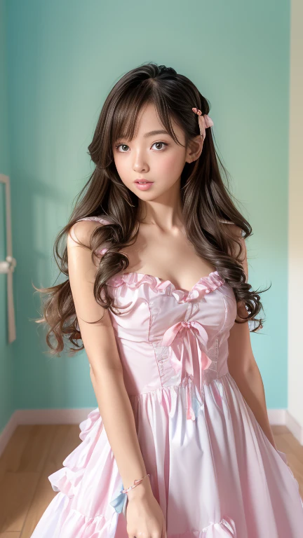 (highest quality、masterpiece、8K、best image quality、hyper realism、Award-winning work)、A cute lolita girl、(solo:1.1)、(1 photo:1.1)、(A cute, girly, light pink, sheer Lolita dress:1.2)、(Cute girly big ribbon:1.1)、(Cute and luxurious hair accessories:1.1)、(A perfect Lolita dress with intricate details:1.2)、(Cute frilled and ribbon dress:1.1)、(A cute lolita dress with lace decorations:1.1)、(Cute girly lolita wavy hair:1.1)、(low length:1.1)、(Height: 140cm:1.1)、(small breasts:1.2)、(glamorous body:1.1)、(cleavage:1.1)、(pink rose:1.1)、(Cute heart symbol:1.1)、Lots of cute frills、(big cute ribbon:1.1)、emphasize body line、slender body、Standing gracefully、(Pastel color girly and luxurious lolita room background:1.1)、(Intricately detailed fairytale lolita room:1.1)、(A cute room with a girly atmosphere in pastel colors:1.1)、(Cute girly curtains in pastel colors:1.1)、(very bright and vivid:1.2)、(Cute pastel colored wall decorations:1.1)、blurred background、A girl standing gracefully、accurate anatomy、perfect makeup、long eyelashes、glossy lips、Ultra high definition glossy skin、(Ultra-high definition bright and beautiful skin:1.2)、Ultra-high definition glossy lips、Super high definition beautiful teeth