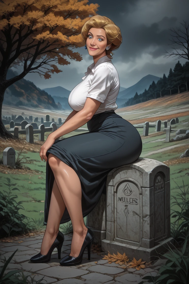 score_9, score_8_up, score_7_up, source_anime, 1 woman, , ,masterpiece, best quality, highres,( detailed:1.2), (sitting on a tombstone) (graveyard background) (autumn background) (laughing politely) teenager, young, detailed face, beautiful face, (normalized hypersexuality), (popular girl clothes), blonde braided hair, confident, popular, (people staring in the background) (fit body and long legs) skindentation , , volumetricand specular lighting, ((large sagging breasts)) ((art by norman rockwell)) ((art by  BlushedArts))
((Safe for work)) ((dynamic angle)) (()) ((realistic anime)) ((very large nose)) (dynamic angles)