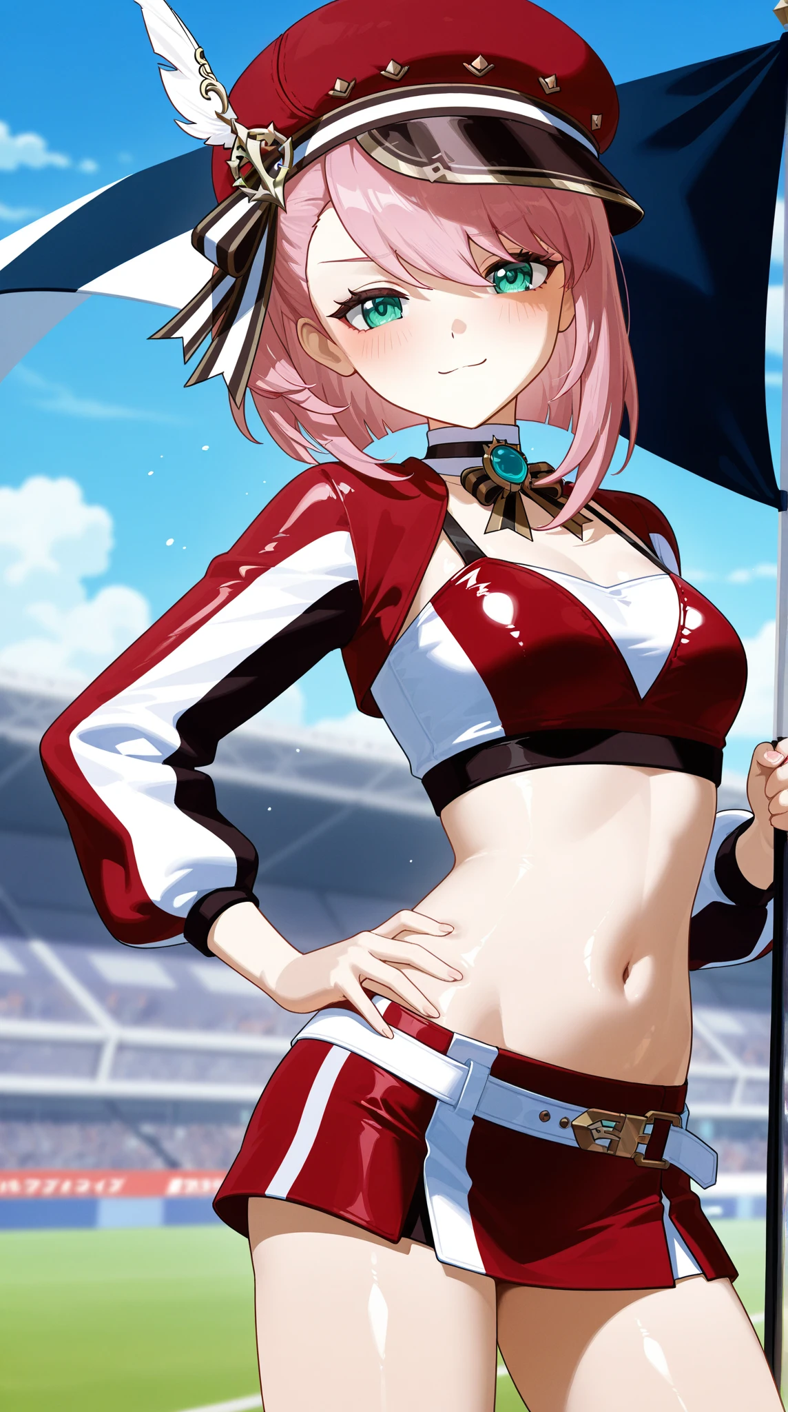 masterpiece, satou mattssuzaka, pink eyes, double hairr bun,best quality, , 1girl, solo, long hair, breasts, looking at viewer, bangs, skirt, medium breasts, thighhighs, gloves, navel, holding, sitting, underwear, panties, jacket, pink hair,, parted lips, open clothes, black gloves, black thighhighs, open jacket, black jacket, underboob, ((flag)), red panties, race queen, cropped shirt, ((holding flag, checkered flag)),