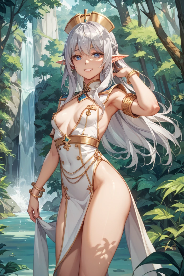 fight between two sensual elven, with their private parts marked on their clothes by the water, showing their enormous wide and tight butt, with an angelic face with wet hair, exhausted, ultra realistic, hands behind their head: with a semi-transparent suit very tight. Semi-transparent clothing, white and red semi-transparent clothing with gold details. A thin elf but with a curvy silhouette, with very wide hips and a tiny, super realistic waist. Her porcelain white skin shining under the natural light of the forest. Her beautiful, hyper-detailed, realistic features come to life in this cinematic image. Her voluptuous elven clothing clings to her body, showing off her perfect anatomical measurements and super-resolution details. The clothes are tight accentuating every curve of her, beads of sweat with detail on her skin, held by a spear-type sword between her hands, with elven details when holding it with both hands, her muscles that are gently marked on the abdomen and with many nuances. super feminine... The setting is a serene forest, with dappled sunlight filtering through the trees, casting an ethereal glow on the scene. (3:3 - 16:9 - q (no mutations, no double members,)