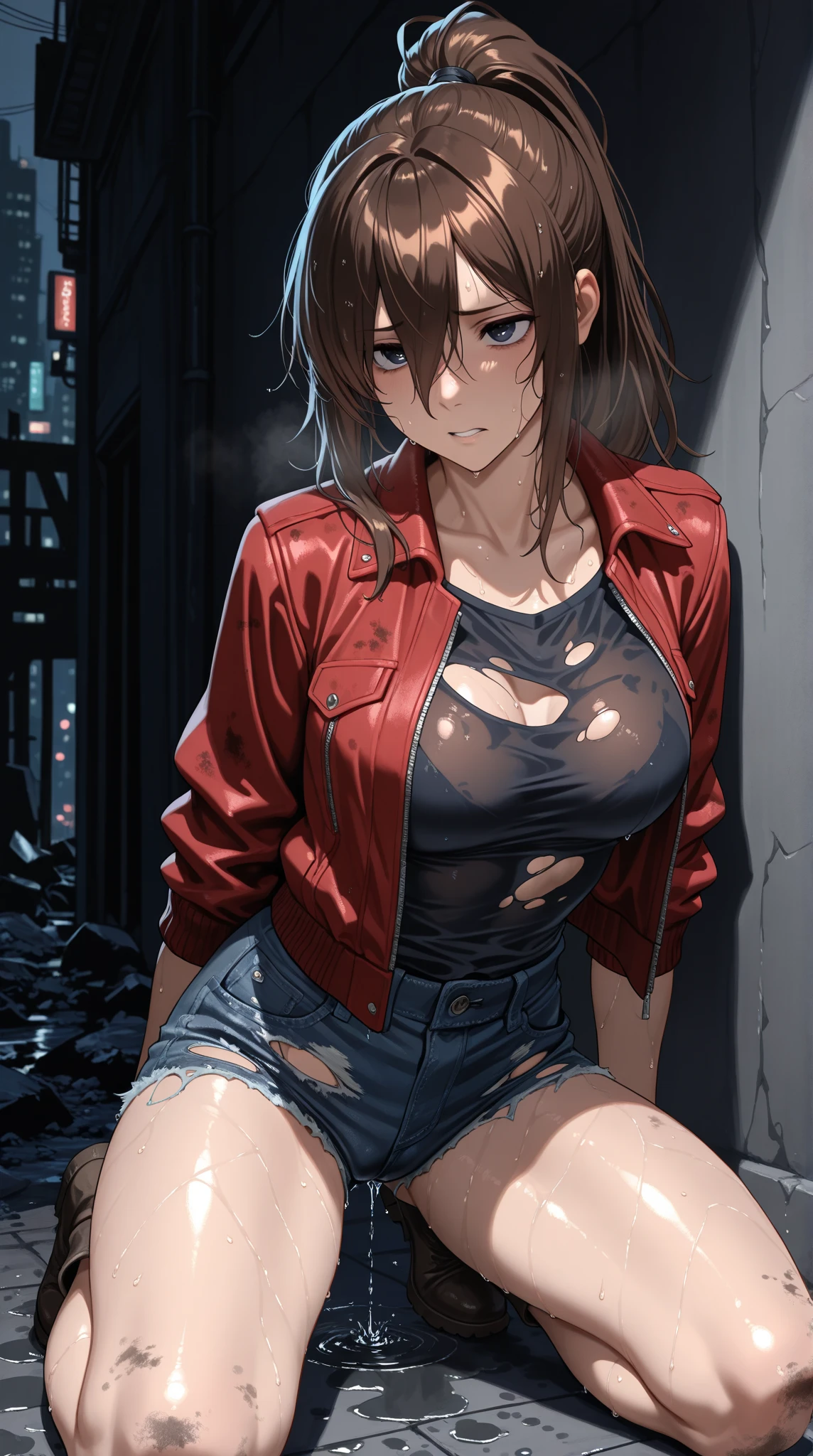 (((1 girl naked))),((The Old Wanderer's Clothes)) , (((8K,2 thousand.))),(tmasterpiece))), (((beste-Qualit))), (Ultra-detailed) ((highly detailed CG illustration)), ((Extraordinarily gentle and beautiful face)),,a 1girl,( ConceptArt) , , (tmasterpiece:1.2), (beste-Qualit:1.3), (One backstory, whitebackground: 1.3),(((CHARACTERS OF THE POST-APOCALYPTIC WORLD OF THE WASTELAND))), ((( Post-apocalyptic wasteland))), ((( Extremely embarrassed face))),, ((((Very red embarrassed face) ))), (((hides large breasts))), ((((hid around the corner)))) , (((hide-and-seek))), ((grimalkin)),((((leaning )))), ((((The eyes are drawn in the style of manga)))),(( The viewer between the legig breastes), ( red hair and eyes in the style of manga) , ((Chest shakes when running)), ((((The most agitated face with fear)))), (Random Pose) , (Random position of the hands), (((The brightest blush on the cheeks))) , sad eyebrows, (((covers the groin with his hand))), ((((exposure of half of the chest)))), ((Additional effects, Interaction),Pull the other, raised by another, (pulling clotheposure of the butt, Groin exposure, Exposure ) ), (((does not look at the viewer))), ((Looks to the side)), ((frightened look)), ((((the night)))), ((((Absolute darkness)))), (((Squatting)))