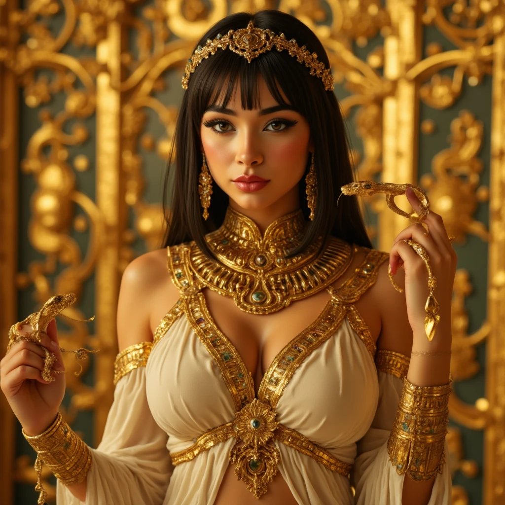 A portrait of a drop dead gorgeous Cleopatra, with intricate and detailed golden headdress adorning her bald head, dressed in a shimmering royal Egyptian gown, revealing her fit and slim waist, hourglass figure, and seductive curve, capturing her captivating and alluring gaze, with heavily lined and intense eye makeup, accentuating her elegance and power. HDR, dramatic lighting, with a cinematic shot, vivid colors, reminiscent of ancient Egyptian art, an ultra-realistic masterpiece. (events:1.1), antique, ancient Egypt, luxurious, royal, royalty, regal, powerful, Cleopatra, queens, majestic, historic