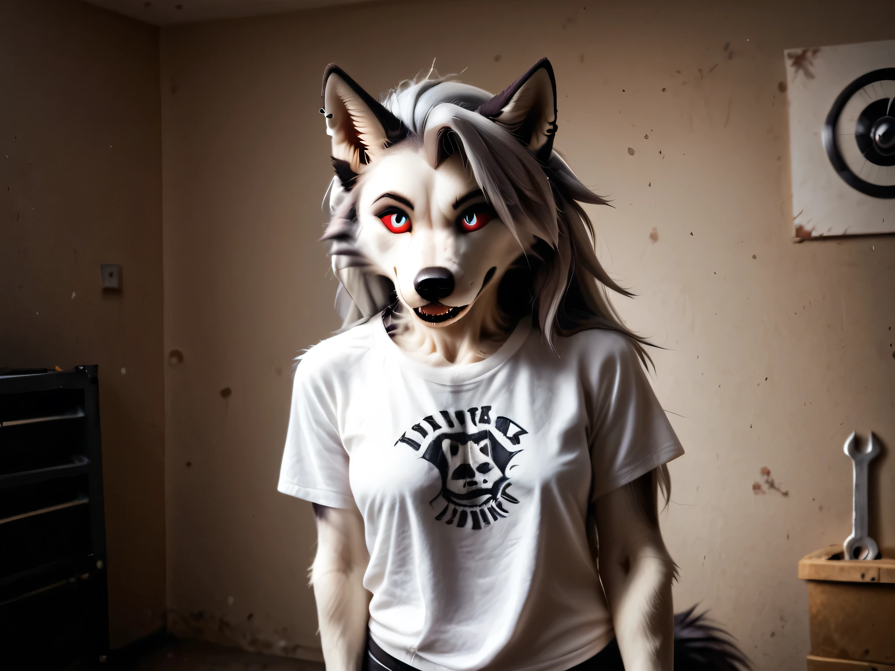 Loona, furry, fluffy tail, solo, wearing (t-shirt ,Dungarees, work clothes), works in a garage, garage, repairs a motorcycle, holds a wrench in hand, clothes are slightly stained with engine oil, fluorescent lamps shine from the ceiling, cinematic light, ultrahigh details, ultra-realistic photo, details, textures, dramatic, indoor light, two-tone fur, gray fur, anthro, wolf girl, animal nose, wolf tail, red sclera, white iris, canine teeth, bangs, absurd res, sharp focus, detailed skin, detailed hair, extremely detailed, sharp focus, sharp details, 8k,
