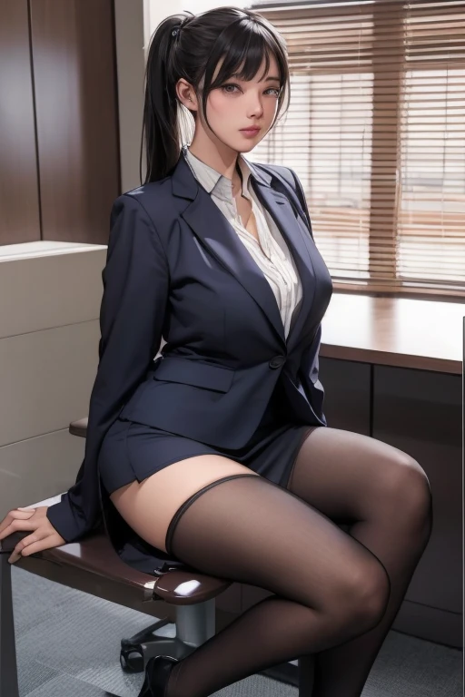 8k, HDR, RTX, Best Quality, Masterpiece, Absurdity, Beautiful Muscular Mature and Mysterious Woman, Masterpiece, (Colossal, Wet Body, Presence, Attractive Face, Big Eyelashes , Glossy Skin, 20 Years Old, Blush, Sexy) Earrings, Background Blurred, Professional Lighting, Cleavage, White Leather Jacket, White Shirt, Black Skirt on Top, black boots, black high boots, high heel boots, long legs, sitting on a chair with legs crossed, white lace panties, light wavy hair, from below,