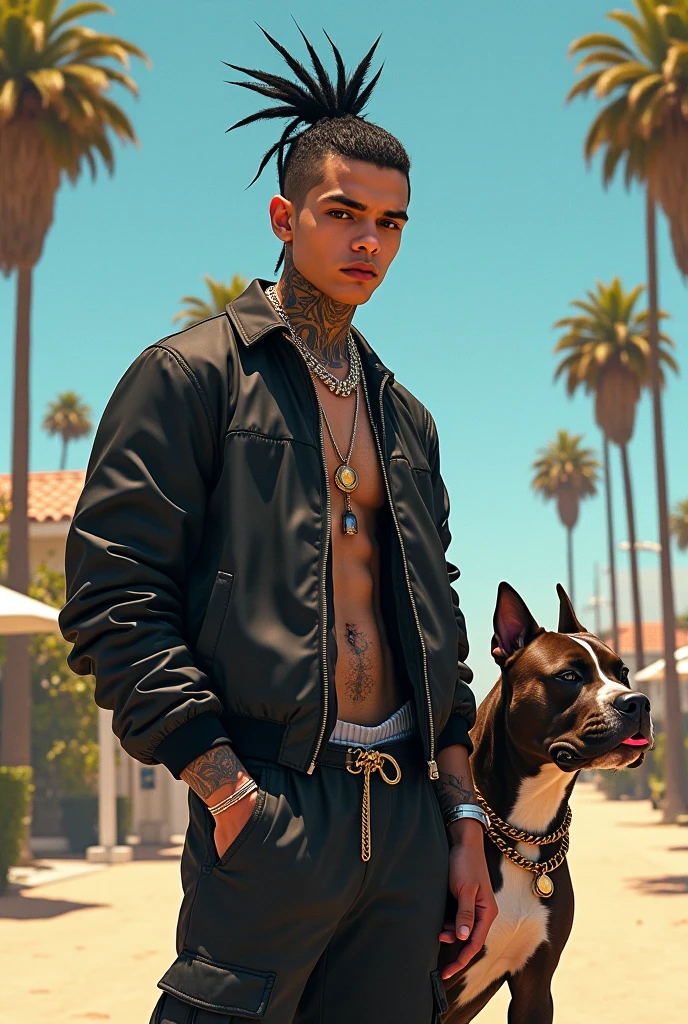 an 18 year old young man,trap singer,wearing no shirt,black Camaro,money,pitbull