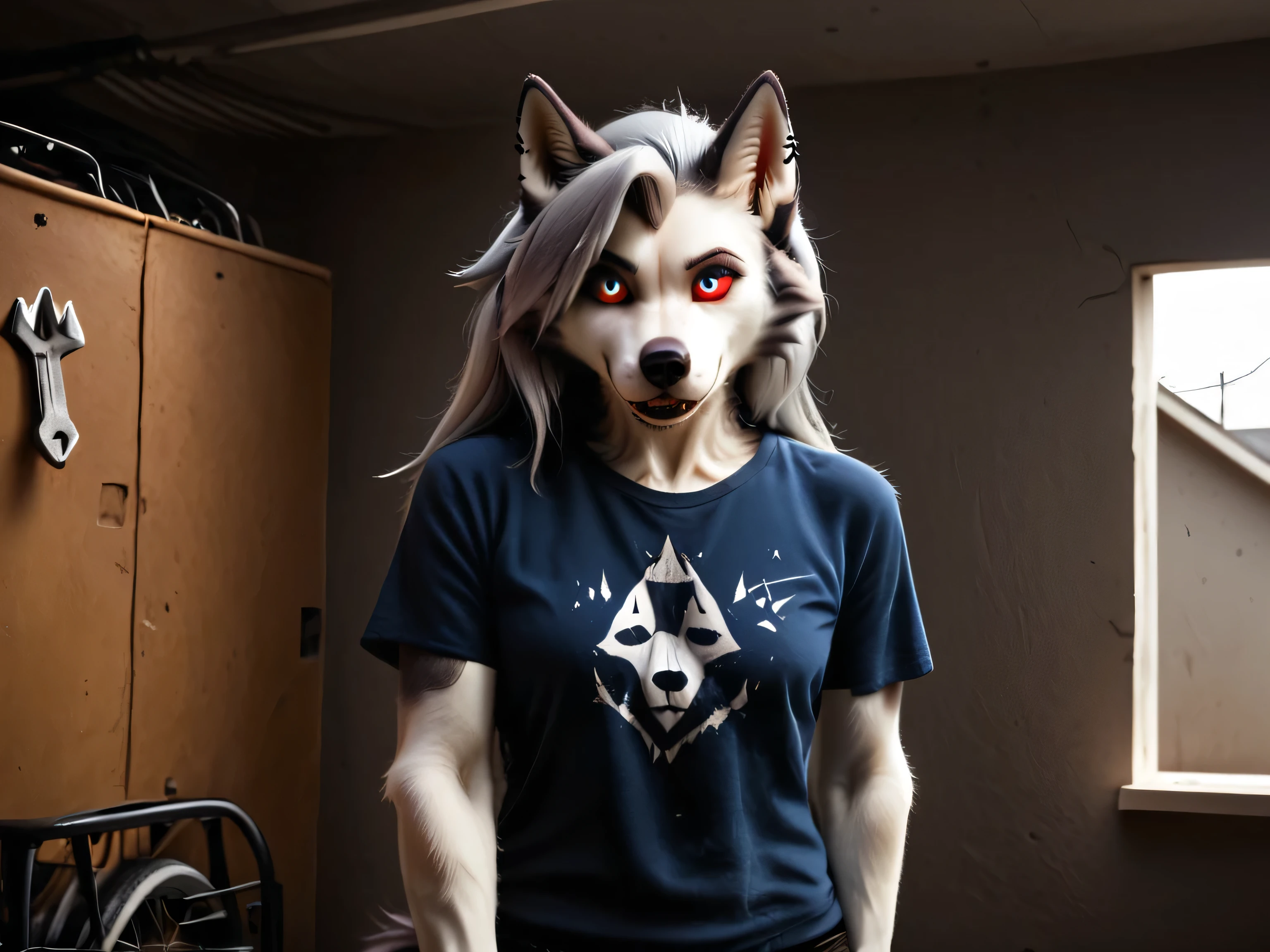 Loona, furry, fluffy tail, solo, wearing (t-shirt ,Dungarees, work clothes), works in a garage, garage, repairs a motorcycle, holds a wrench in hand, clothes are slightly stained with engine oil, fluorescent lamps shine from the ceiling, high-range shot, cinematic light, ultrahigh details, ultra-realistic photo, details, textures, dramatic, indoor light, two-tone fur, gray fur, anthro, wolf girl, animal nose, wolf tail, red sclera, white iris, canine teeth, bangs, absurd res, sharp focus, detailed skin, detailed hair, extremely detailed, sharp focus, sharp details, 8k,
