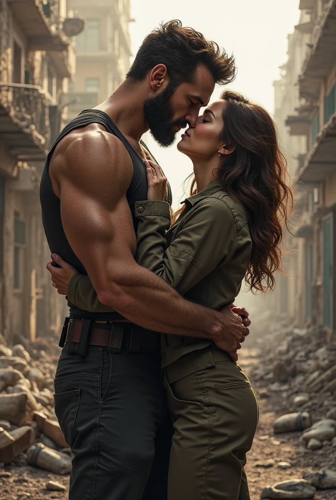 a tall, muscular, handsome and shirtless Mexican soldier kissing another thin, clothed and small Mexican soldier