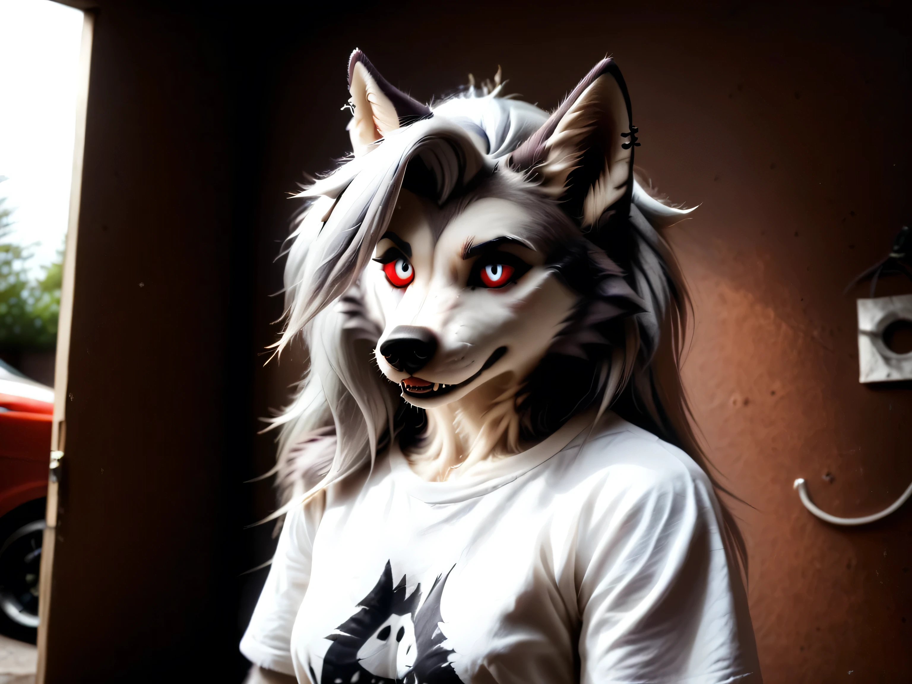 Loona, furry, fluffy tail, solo, wearing (t-shirt, dungarees), garage, works in garage, repairs a motorcycle, holds a wrench in hand, clothes are slightly stained with engine oil, fluorescent lamps shine from the ceiling, high-range shot, cinematic light, ultrahigh details, ultra-realistic photo, details, textures, dramatic, indoor light, two-tone fur, gray fur, anthro, wolf girl, animal nose, wolf tail, red sclera, white iris, canine teeth, bangs, absurd res, sharp focus, detailed skin, detailed hair, extremely detailed, sharp focus, sharp details, 8k,