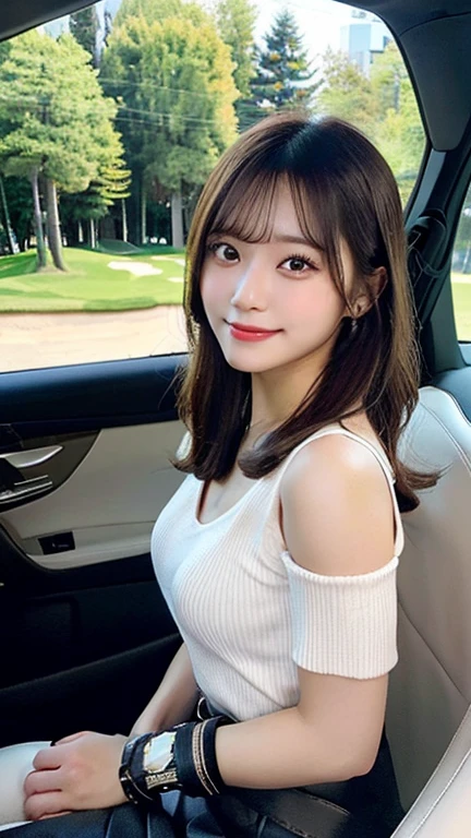 highest quality、One Girl、Cute face、smile、Inside the car、Sit in the passenger seat、camisole、mini skirt, Best lighting, Bright room, Refreshing atmosphere