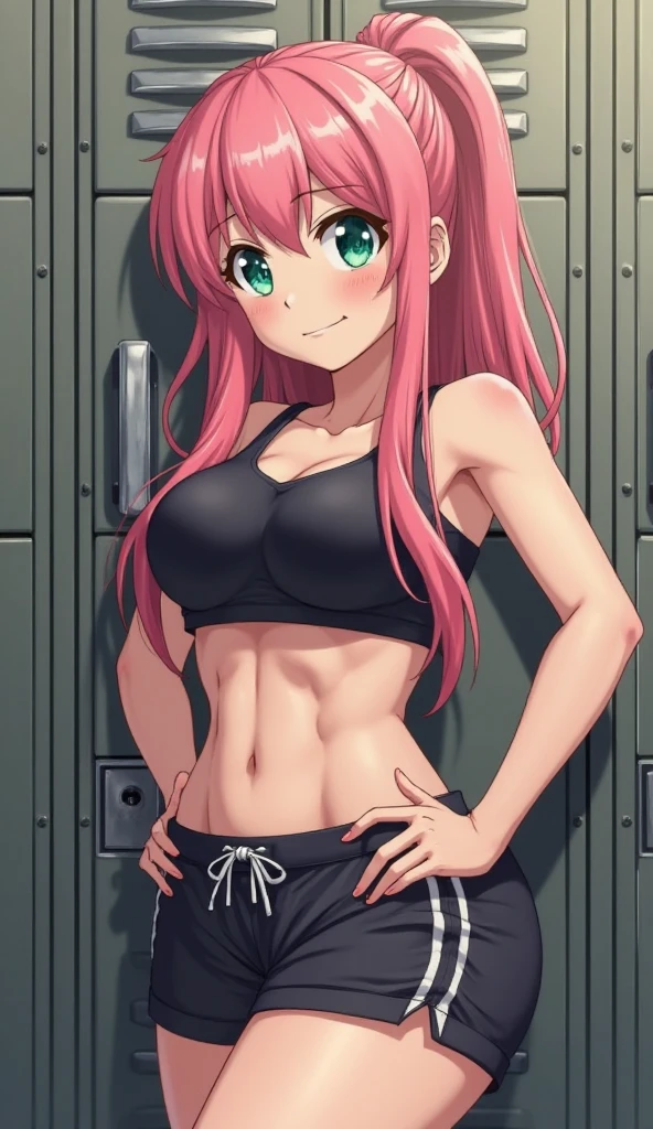1 girl, medium breasts, (wearing short and very sexy bikini), (long pink hair), (((blue eyes))), Thin arms, (in the motel room), (thin waist), (((muscular legs and long))), muscular belly, wearing a red high-heeled shoe, (((standing))), (twintails), long eyes, bad mood, eye Reflection, anime, anime style, ray tracing, Reflection, drop shadow, Panorama, Sony FE, 8k, UDisk, artwork, accurate, anatomically correct, super detail, best quality, ultra-high resolution, hard disk, 16k