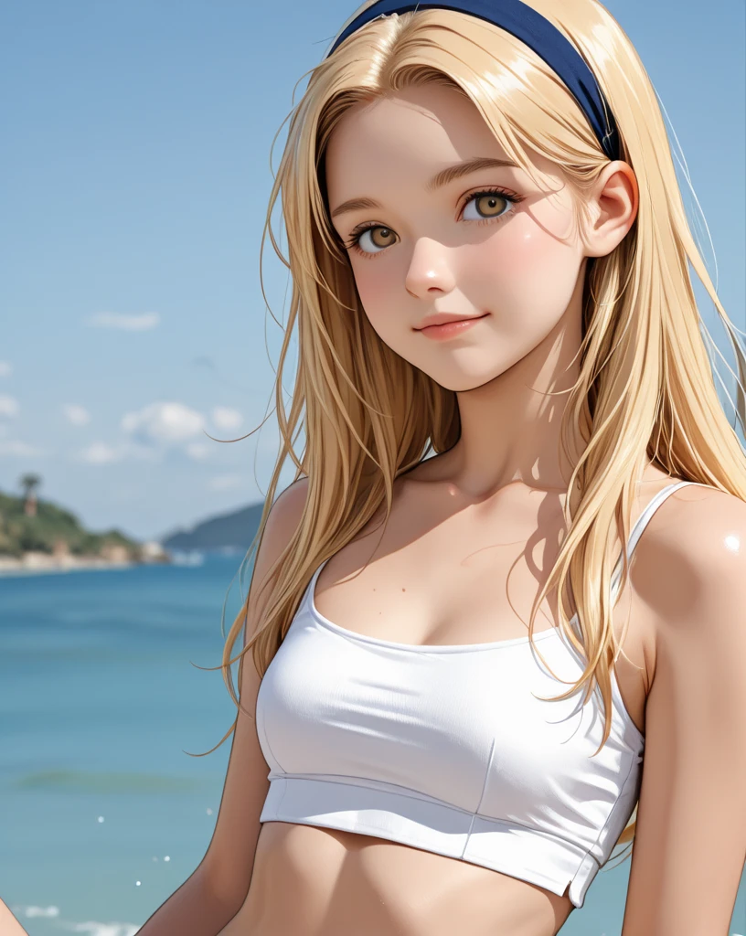 masterpiece, highest quality,Face-to-face audience, Upper body,Middle-aged women,Greek Goddess Attitude, Melon seed face, ((Long, narrow eyes)), Mole under the eye,Brown eyeball, Thin lips, Anorexia,blonde, Very long hair, Laugh with your mouth closed,40 year old mature woman, self-portrait, Simple Background,Thin legs,Close your eyes and smile,Swimwear,The happi coat is open