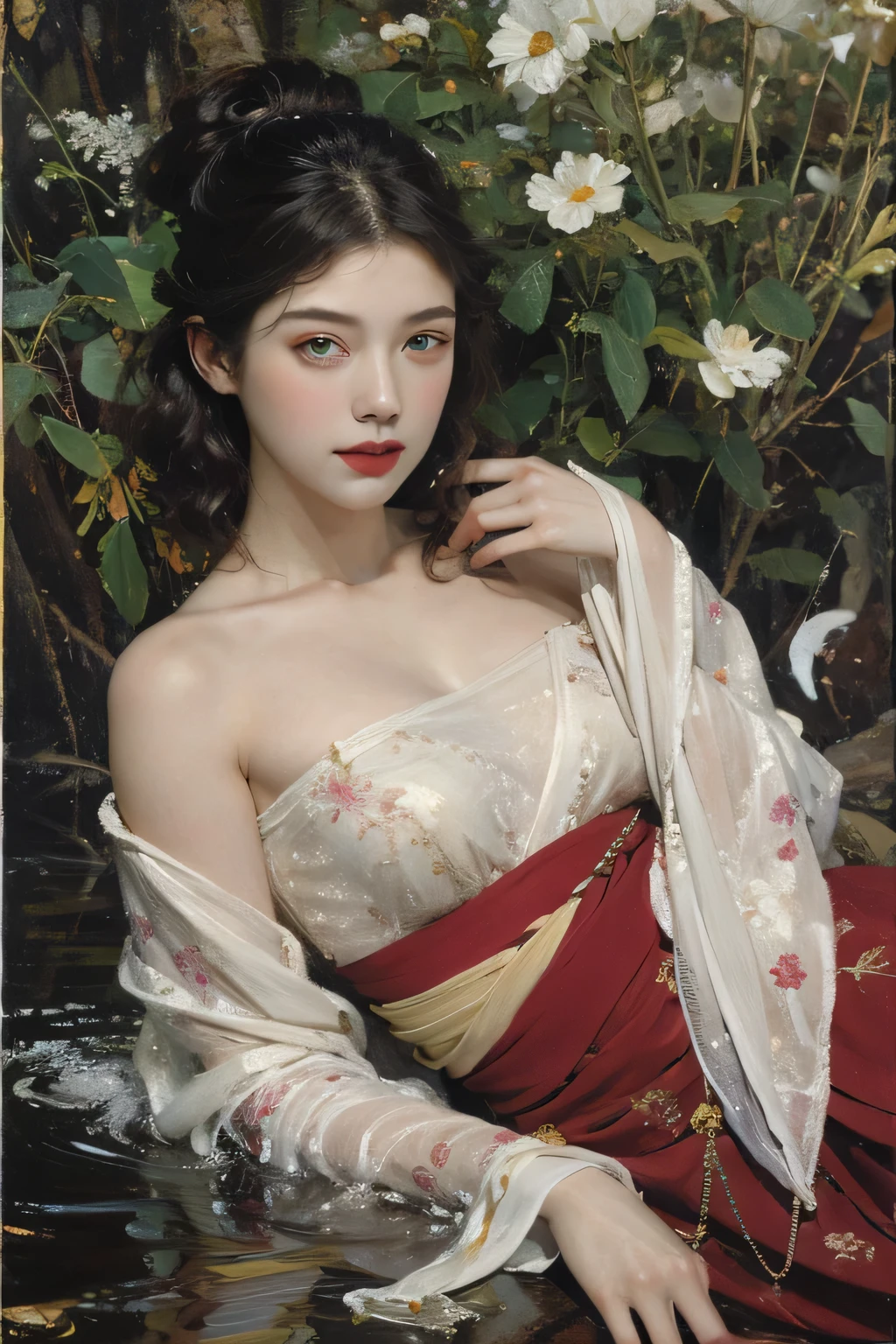 ((knee shot)), red lips, a mature woman, Exquisite makeup, ethnic style, lifelike、real picture、((realistically:1.5))、White phalaenopsis around hair,Lilac dendrobium、White Lily、1 girl、brown hair、flowing hair、plump breasts, slim, Slender sexy legs, Charming legs, strike an elegant pose, Have extremely beautiful facial features、hairpins on head、perfect hands、(night、moon、cliff)、 vector art、Chinese contemporary art、soft light、look down