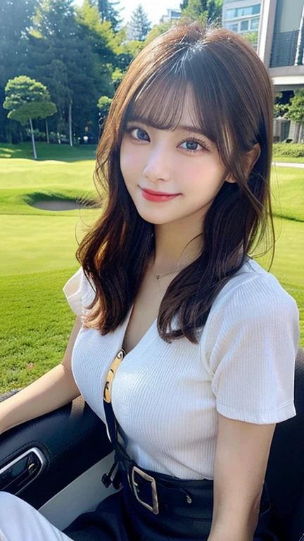 You are a professional photographer,BREAK,A healing presence、(4K,8k,Masterpiece,Realistic)、Super Resolution:1.3、Real、 RAW Photos、(Realistic:1.2)、(Japanese women)、Japanese Idol、(Beautiful face in every detail)、Age 25、A gentle gaze、Natural Makeup、Cleavage、Golf Wear、mini skirt、Wear a sun visor、smile、Golf course、Turf、Outdoor、Ride a golf cart
