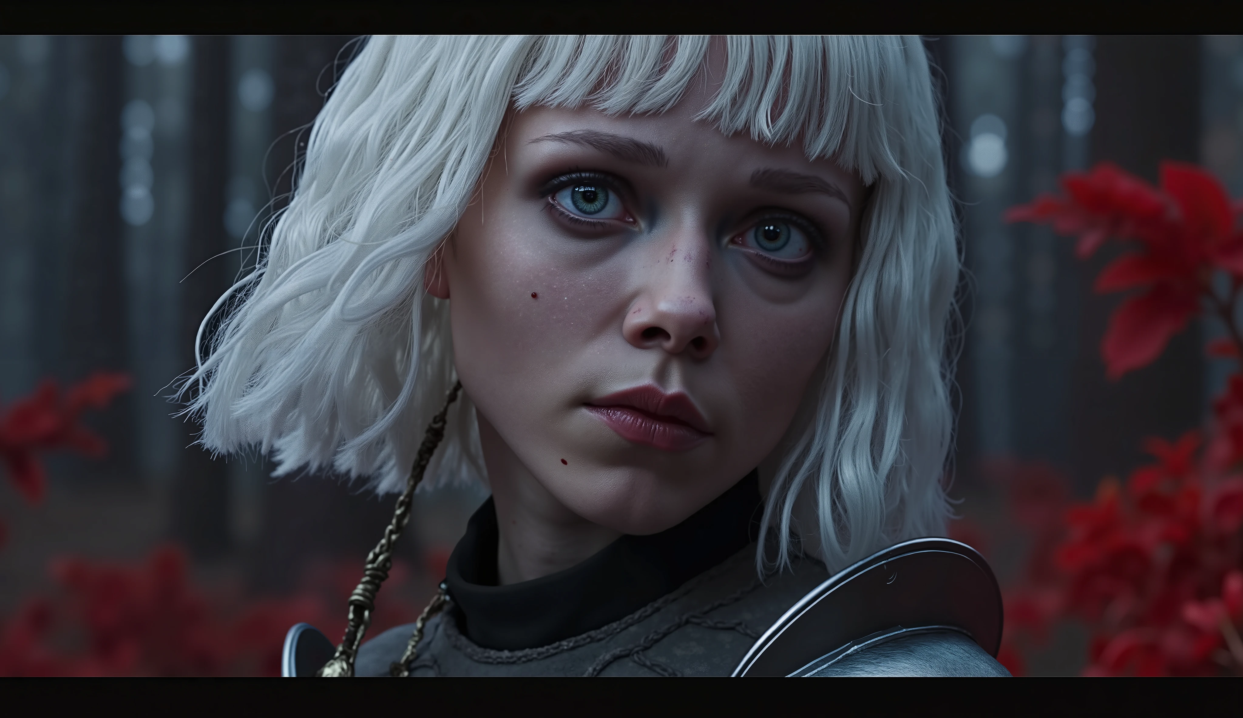Moonscars grey irma, bloody epic poster, (white hair, white eyes, crimson sword of blood, bloody trees, dark forrest, blood splash, ciri face, scars, dark souls vibe) 32k UHD high resolution, highres, professional photography, intricate details, masterpiece, perfect anatomy, cinematic angle , cinematic lighting, (dynamic warrior pose:1)  and Yoshitaka Amano, Yoichi Akizuki, Yoji Shinkawaedgray, graphite background,    high detail poster UHD Official work japan style, high detail, graphitte background, red aura, moodyinnovation.  aidmaMJ6.1rapid 8K Canon EOS Rebel SL2, EF100mm, f/2.8L, Macro IS USM ƒ/2.8, 100.0 mm, 1/1000 100   