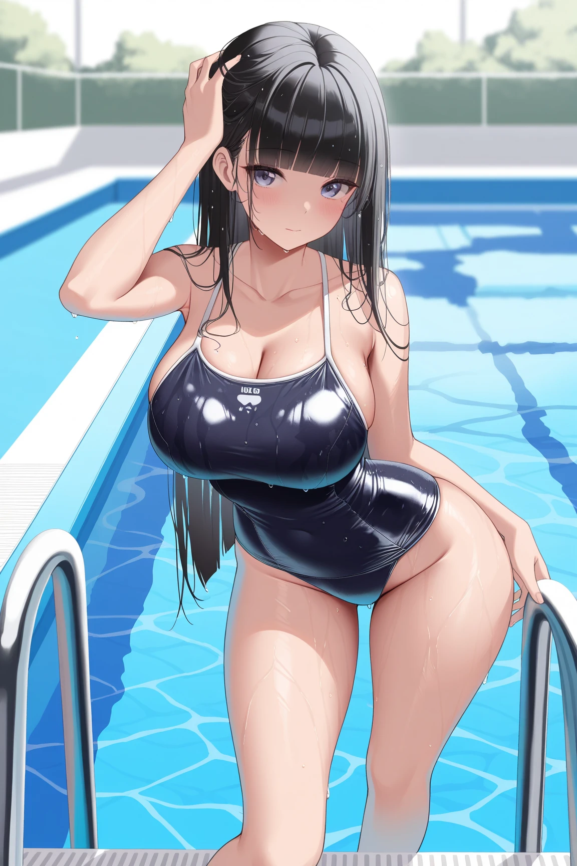 1 girl, Big, teary eyes*sukumizu*Wet day*My hair spread out*Earrings*swimming pool, roller:addition_detailed, Large Breasts, Thick legs, Thick thighs, Are standing、Long black hair