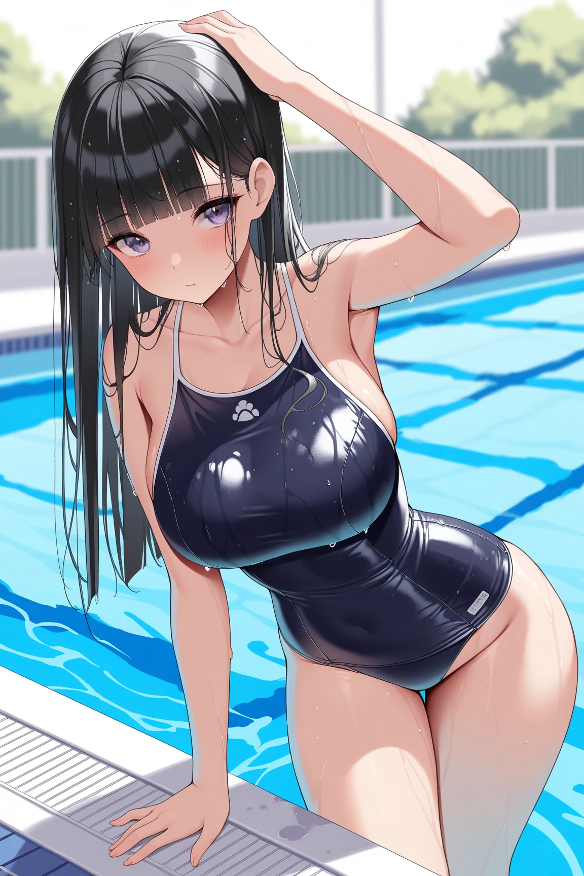 ((masterpiece,best quality,ultra detailed,high resolution)),(daytime,clear weather,bloom),((solo,beautiful-girl)),looking viewer,(black hair,straight hair),(finely detailed skin,fair skin),slender,smile,(school swimsuit),(on the pool,beautiful sky),medium breast,from front,((cameltoe)),