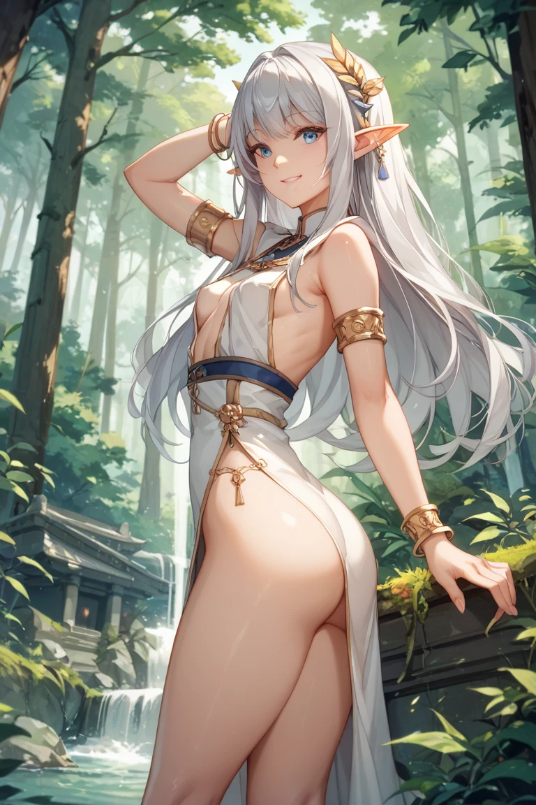 lighting like a movie、top-quality、Brown skin、Black skin、small tits、tiny body、Silver-haired low twin-tailed、Traditional costumes、in woods、a miniskirt、sexypose、