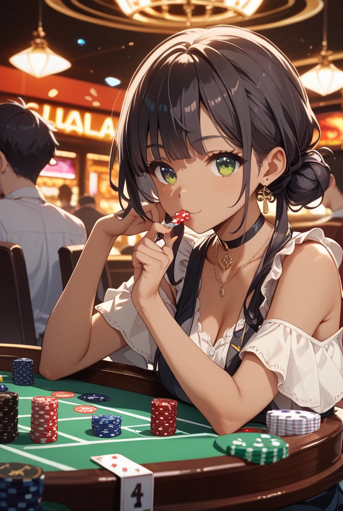 ((masterpiece)), (((best quality))), chromatic lighting,
colorized, green + white limited color palette,
detailed concept drawing,
Street Fashion, at a casino,
portrait, 20yo 1girl, medium soft breasts, slender, long green hair, black eyes, smiling, no weird objects or colors on the face
