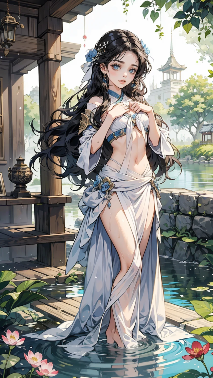 masterpiece、Realistic Style、Very long purple hair、Beautiful woman、Sleeveless light blue see-through sexy dress 1:5、Light blue see-through long skirt、 (Medium chest), (Perfect body) 、See-through nipples、Dignified look、Holding a dagger 1:5、Moonlit Night、Desolate European Lake、Dark fantasy