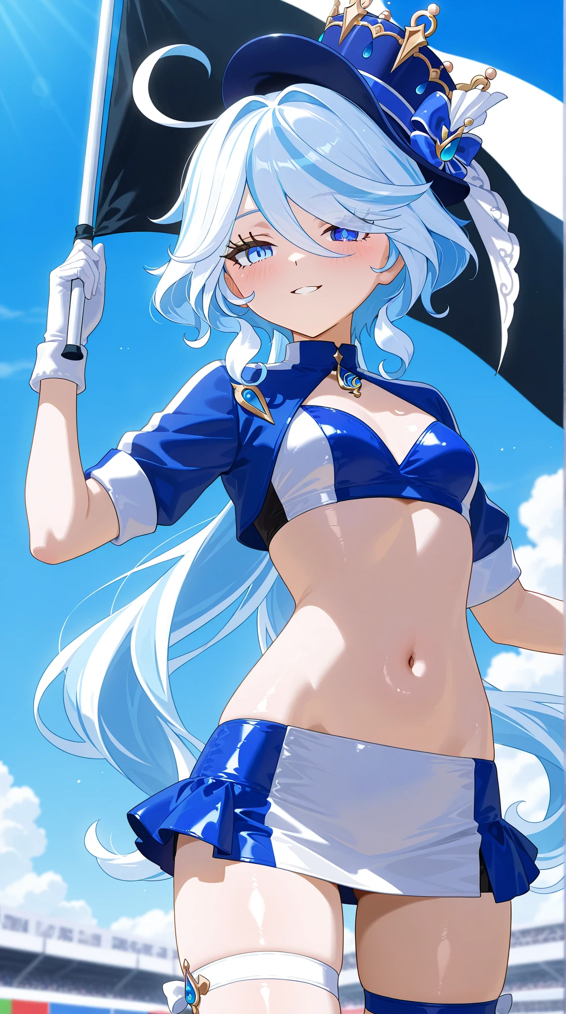 A cute young girl with a bandage over her left eye, short white hair, blue eyes, wearing a bikini, focusing on her armpits, playing in the sea by the beach, smiling and having fun.