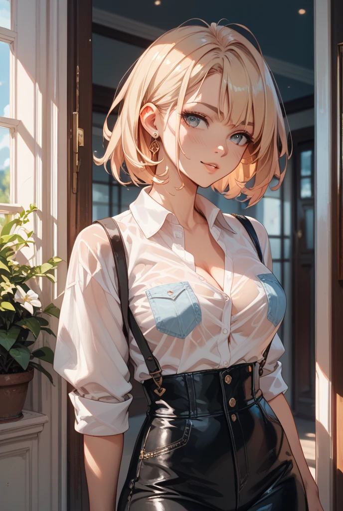 Anime style, super fine illustration, highly detailed, beautiful detailed, pale tone image, static representation, gentle expression, 8k, pretty 1girl with blonde straight short hair & blue eyes & a bright smile & full bust & nipples & soft fair skin is wearing big white business shart not to show her skin & black tight skirt & 1business bag, on the business building street, in the morning, brilliant particles of lights, romantic stories, solo, perfect 5fingers, perfect arms, perfect legs, masterpiece.