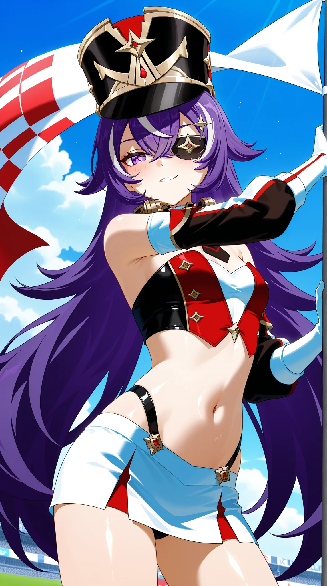 layer_megamanx, 1girl, solo, long hair, purple hair, blunt bangs, hair over eyes, large breasts, dark skin, dark-skinned female, android, underboob, robot ears, overlooking the ocean on the edge of a rock, in the style of avian-themed, realistic yet stylized, villagecore, azure, orange and azure, dragoncore, aerial view