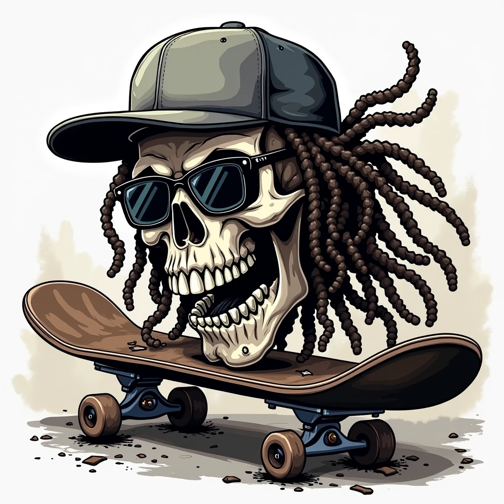 Cartoon style illustration of a skeleton wearing a Cholo outfit, With black sweatshirt , baggy pants, WHITE TENNIS,obscure lenses, angry expression,smoking a marijuana cigarette, mounted on a gold colored BMX bike, on white background
